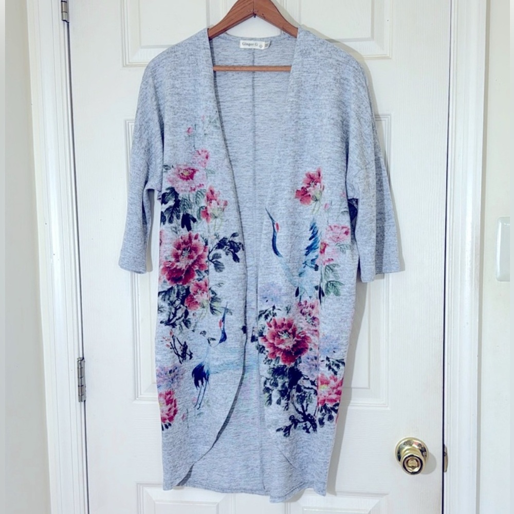 Ginger G Brand Gray Floral Lightweight Cardigan Size Large